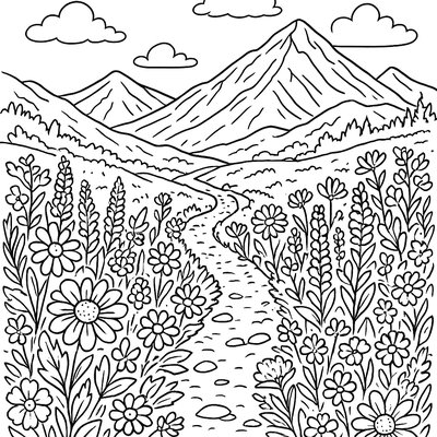 A Mountain Hiking Trail With Wildflowers And Butterflies