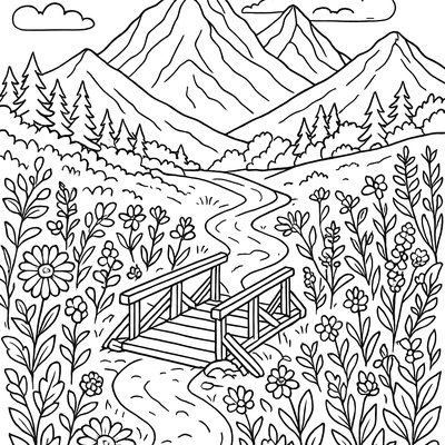 A Mountain Trail With Wildflowers And A Wooden Footbridge