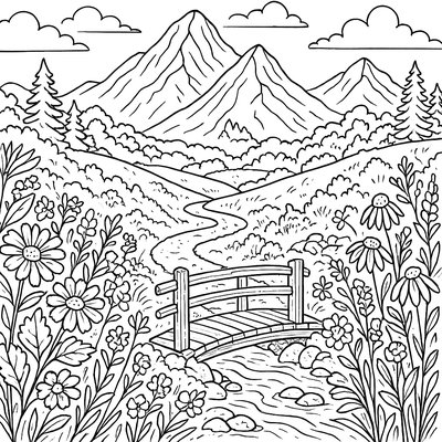 A Mountain Trail With Wildflowers And Hiking Backpack