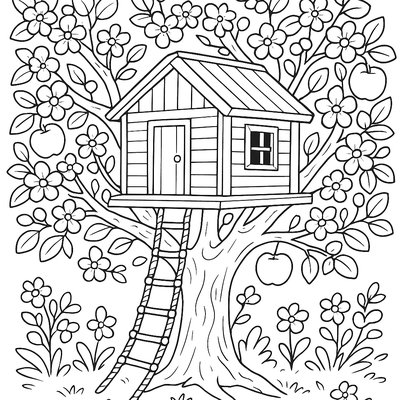 A Treehouse With Rope Ladder In Blooming Apple Tree