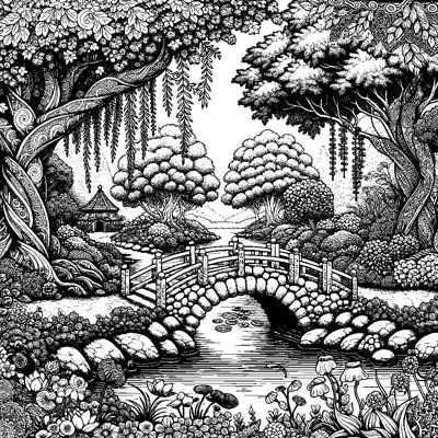 An Enchanted Garden With A Stone Bridge And Pond