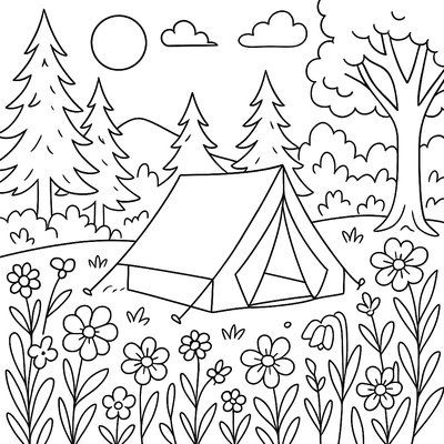 Camping Scene In Forest With Spring Wildflowers