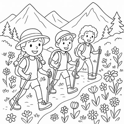 Children Hiking Mountain Trail With Spring Wildflowers