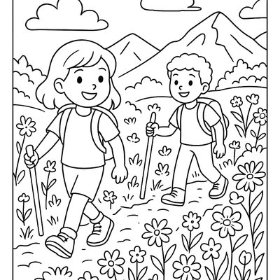 Children Hiking Through A Blooming Mountain Trail With Wildflowers