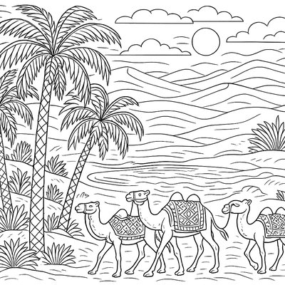 Desert Oasis With Palm Trees And Camel Caravan