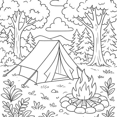 Forest Clearing With Camping Tent And Campfire