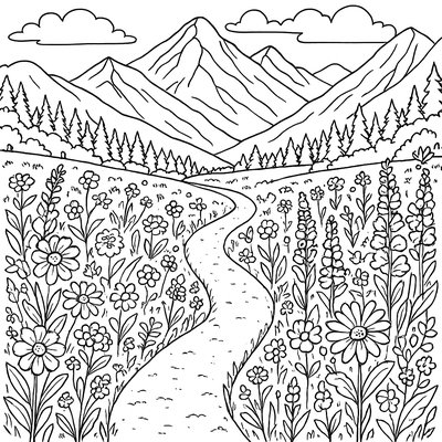 Hiking Trail Through Wildflower Meadow With Mountain Vista