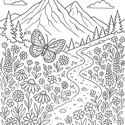 Mountain Hiking Trail With Wildflowers And Distant Peaks