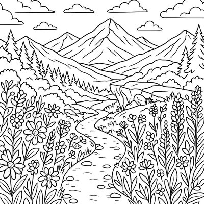 Mountain Hiking Trail With Wildflowers And Vista View