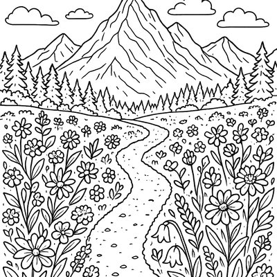 Mountain Meadow Filled With Wildflowers And Hiking Trail