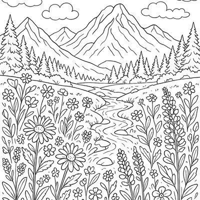 Mountain Meadow With Wildflowers And Hiking Trail