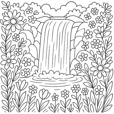 Waterfall Cascading Into A Pool Surrounded By Spring Flowers