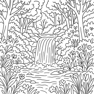 Waterfall Cascading Through Spring Forest Scene