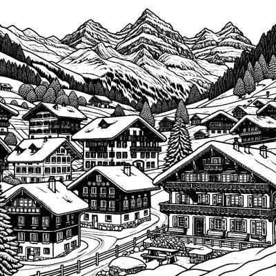 A Swiss Village With Chalets And Snowy Mountains