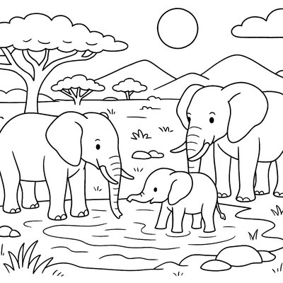 African Safari Scene With Acacia Trees And Giraffes