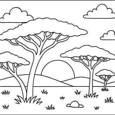 An African Savanna With Acacia Trees At Sunset