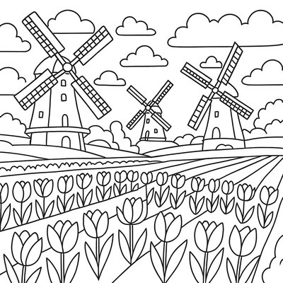 Dutch Countryside With Windmills And Tulip Fields