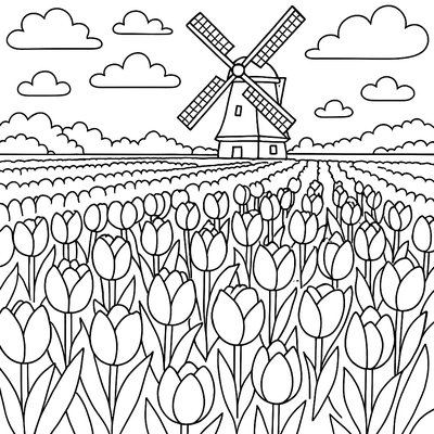 Dutch Tulip Fields With Traditional Windmills