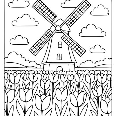 Dutch Windmill Surrounded By Blooming Tulip Fields