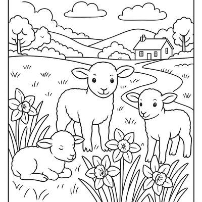 English Countryside With Lambs And Daffodils