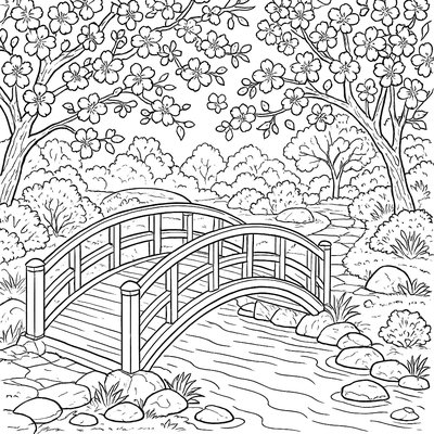 Japanese Garden With Koi Pond, Bridge And Cherry Blossoms
