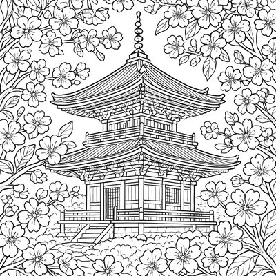 Japanese Temple Surrounded By Cherry Blossoms