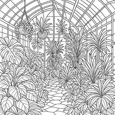 A Greenhouse Conservatory Filled With Tropical Plants And Hanging Baskets