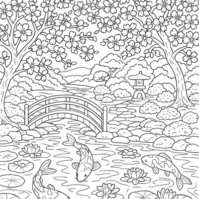 A Japanese Garden With Blooming Cherry Blossoms And Koi Pond