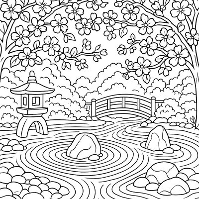 Japanese Zen Garden With Cherry Blossoms