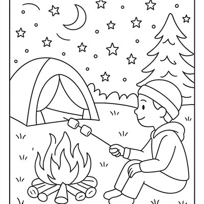 A Cozy Campfire Scene At Night With A Tent, Starry Sky, And Someone Roasting Marshmallows