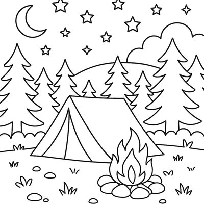 A Cozy Campsite Scene At Dusk With A Tent, A Campfire, And Stars Appearing Over A Forest