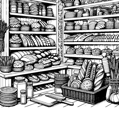 A Bakery Kitchen With Bread And Pastries On Shelves