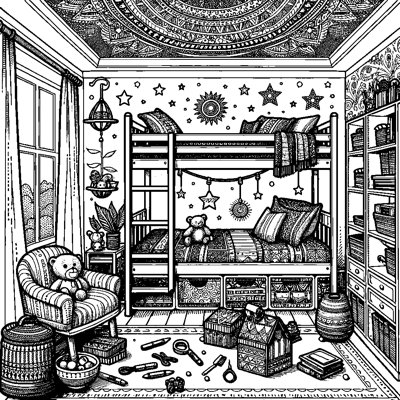 A Child's Bedroom With Toys, Books, And A Bunk Bed