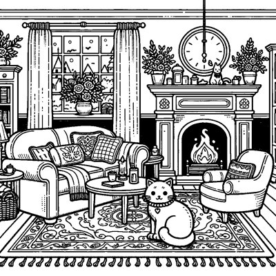 A Cozy Living Room With A Fireplace And Cat On A Rug