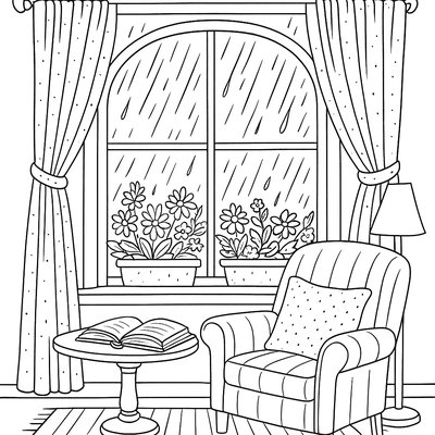 A Reading Nook By A Window Overlooking A Spring Garden