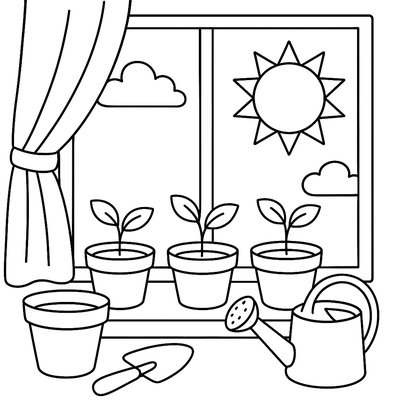 A Sunny Window Sill With Potted Seedlings And Gardening Supplies