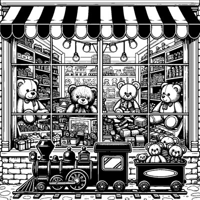 A Toy Shop Window With Teddy Bears And Trains