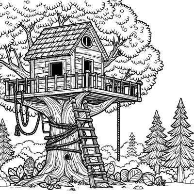 A Treehouse With A Rope Ladder And Lookout Window