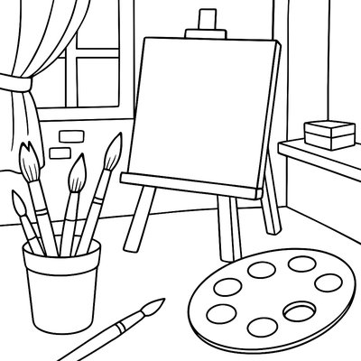 Art Studio With Paintbrushes And Canvas
