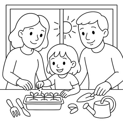 Family Starting Seedlings On A Sunny Windowsill With Garden Tools