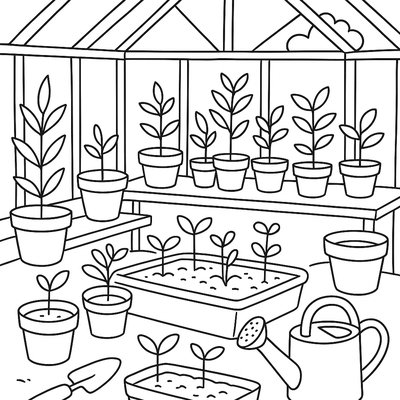 Greenhouse Filled With Spring Seedlings And Gardening Tools
