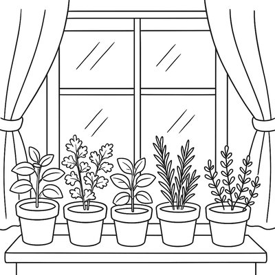 Kitchen Windowsill With Herb Garden Pots
