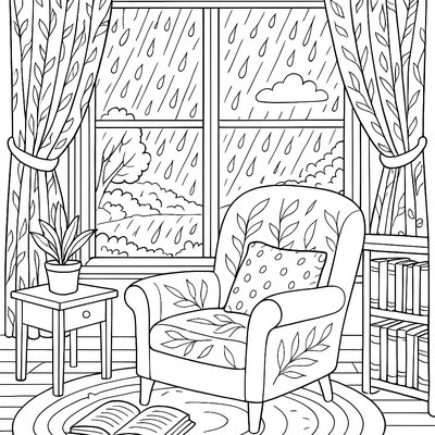 Reading Corner With Window View Of Spring Rain