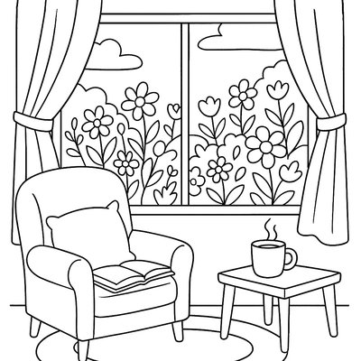 Reading Nook By Window Overlooking Blooming Garden Outside
