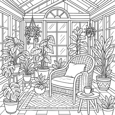 Sunroom Filled With Potted Plants And Reading Nook