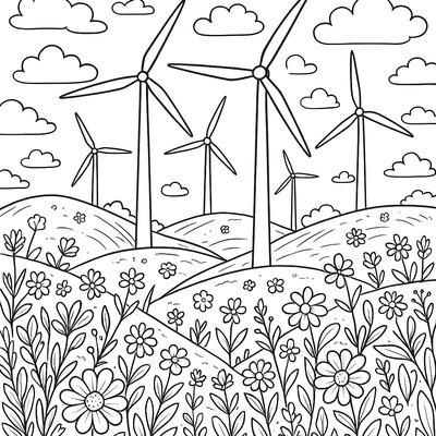 A Wind Farm On Rolling Green Hills With Flowers