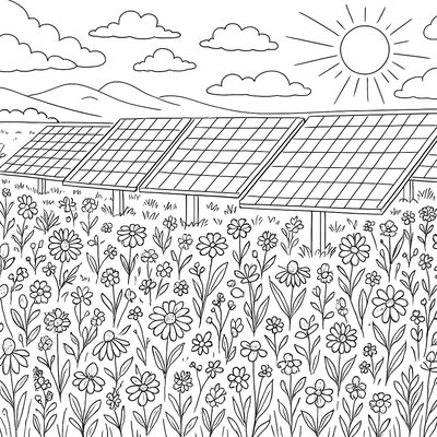 Solar Panel Farm In Field Of Wildflowers