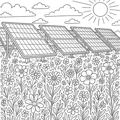 Solar Panel Farm Surrounded By Wildflower Meadow