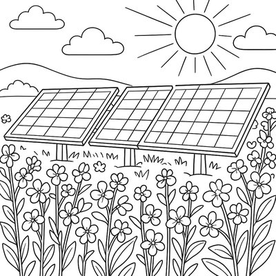 Solar Panel Field Surrounded By Blooming Canola Flowers