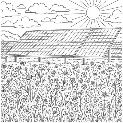 Solar Panel Field With Spring Wildflowers Below